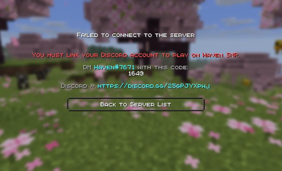 Minecraft screen asking you to link your Discord account by sending a code to the Haven bot
